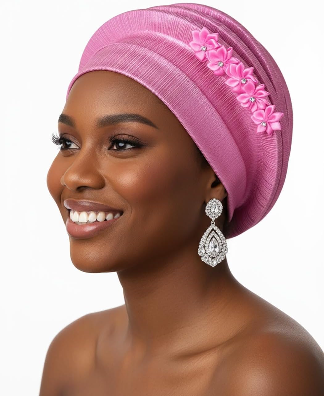 Woeoe Women Auto Gele Headwraps Gold Flower African Turban Pre Tied Beanie Caps Headwear - Image 4