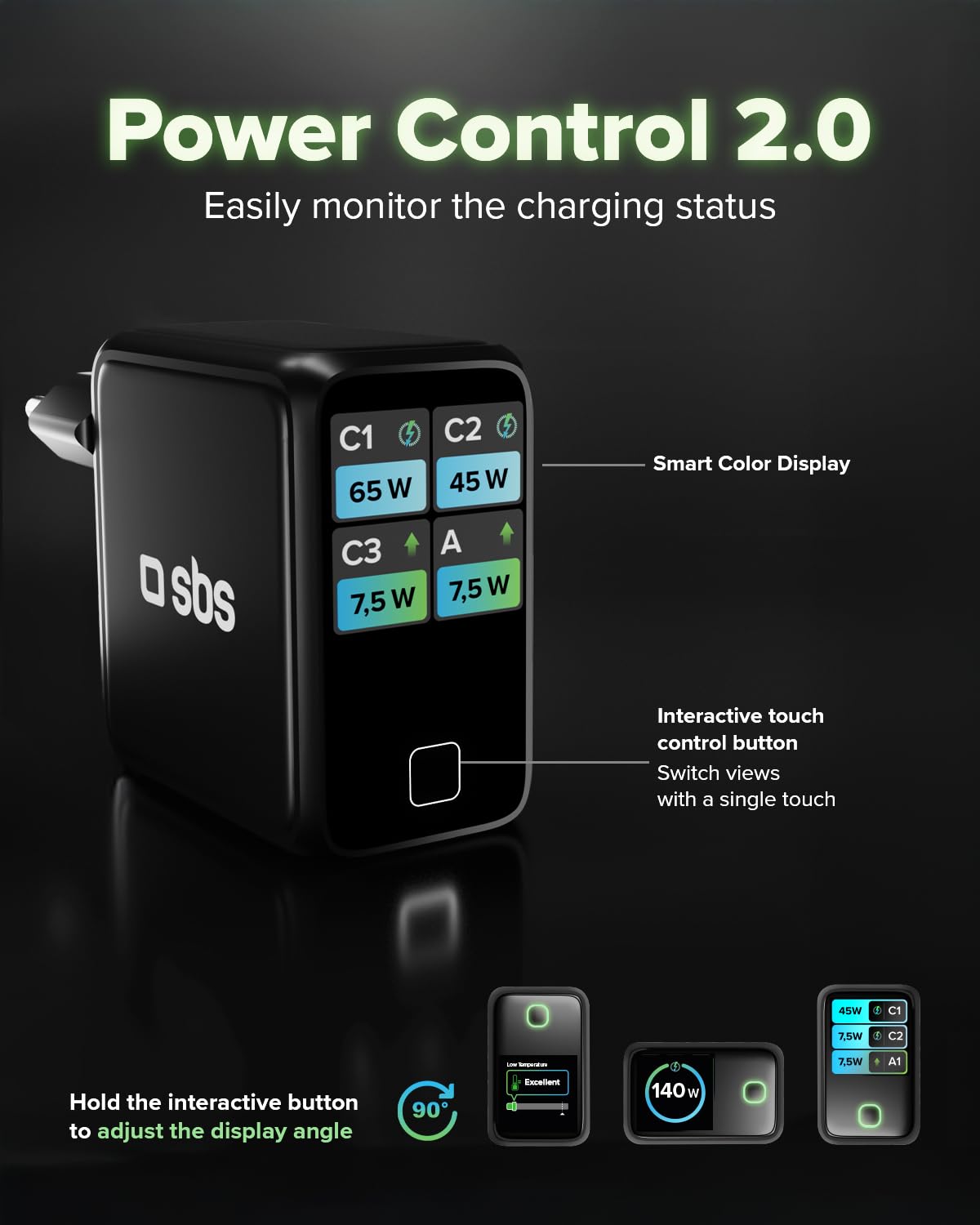 SBS Pulse Power 140W USB-C, GaN-Technologie, Power Delivery (PD 3.1 PPS), AI Smart Display, Touch-Steuerung, AFC, Netzteil mit Schnellladen, Ladegerät für Notebook, Tablet, iPhone, Android
