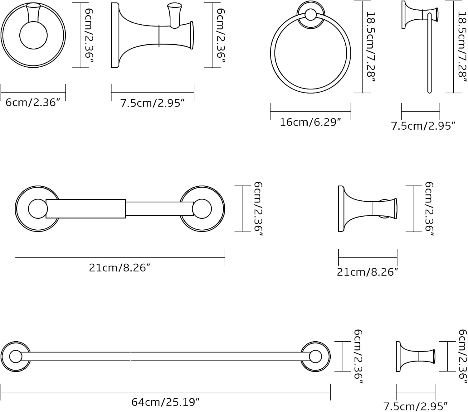 Black Bathroom Hardware Set - 4-Piece Towel Holder Set with 18 or 24 Inch Towel Bar