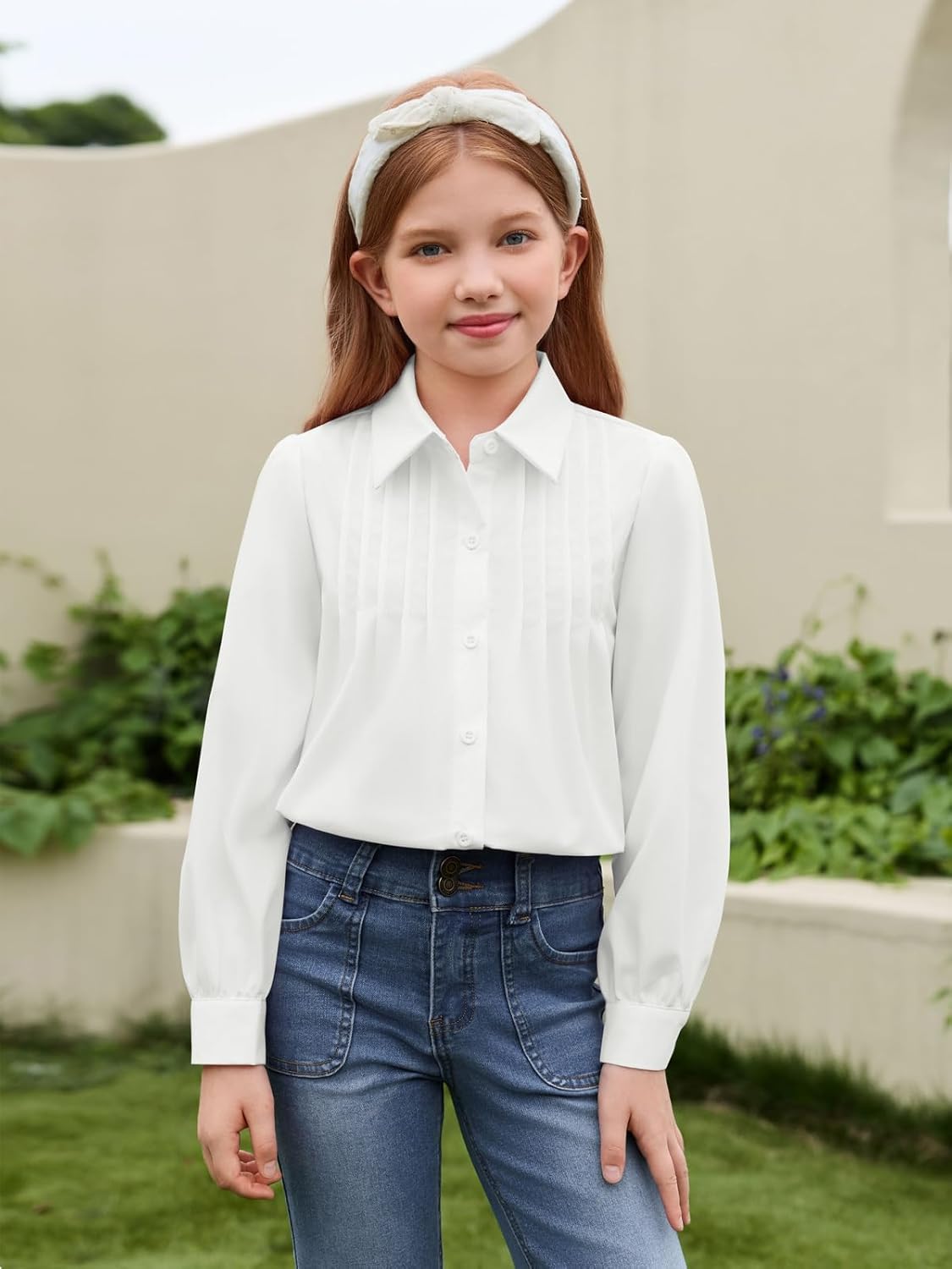 Haloumoning Girls Shirts Puff Long Sleeve Button Down Blouse Pleated School Uniform Dress Shirt Tops 5-14 Years - Image 4