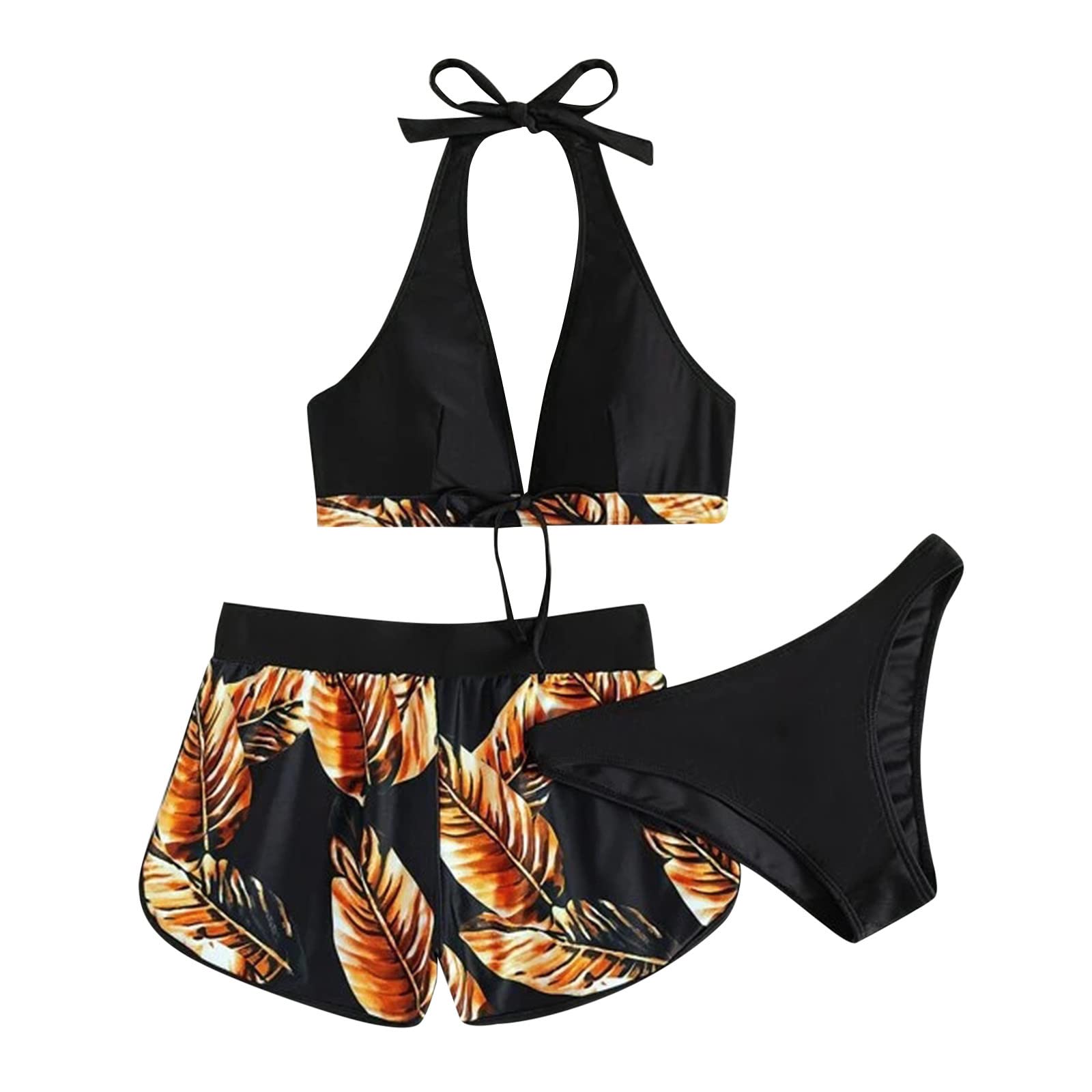 Bikini damski zestaw damski tropikalny nadruk trzyczęściowy strój kąpielowy z szortami kąpielowymi Split Push Up, złoty, XL