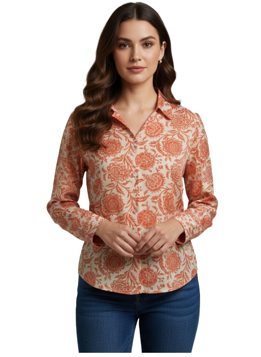 ANNI Designer Bedrucktes Damenhemd aus Baumwollmischgewebe, langärmelig, normale Passform, Hemdkragen, legere Bürokleidung, elegante Western-Kleidung für den Alltag, Hochzeit, Party