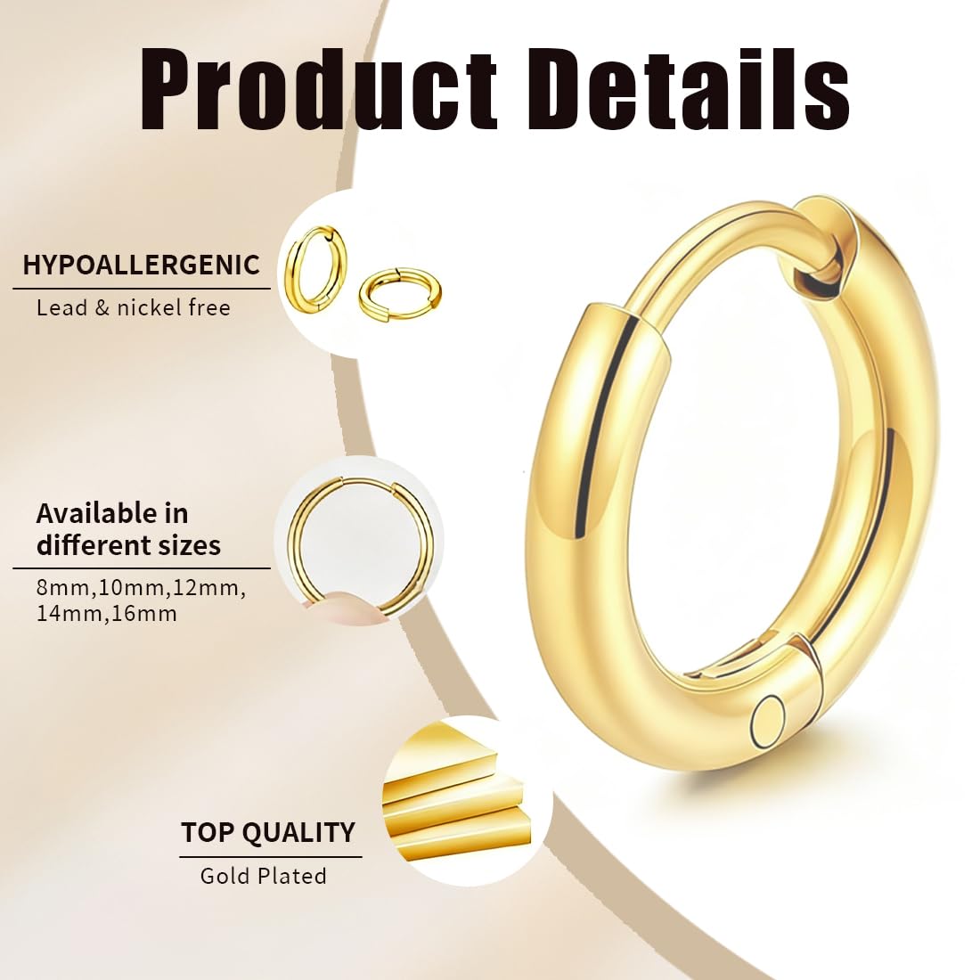 JEYORZY 5 paia Orecchini Acciaio Inossidabile di Orecchini Cerchio Piccoli per Uomini e Donne Ipoallergenici Set, leggeri, cartilagine, Orecchini Uomo Cerchio 8-16mm (Oro)