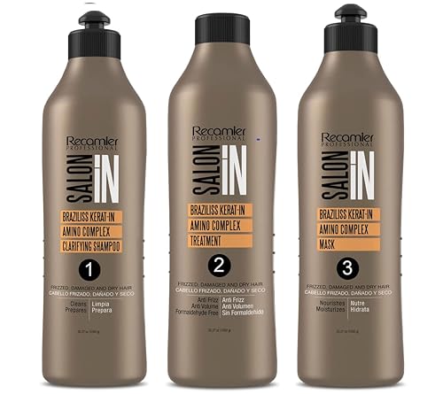 Recamier SalonIn Braziliss Kerat-in Amino Kit Complejo Frizzed Cabello Dañado y Seco Para Cabello Frizzado Dañado y Seco: Champú Clarificante,