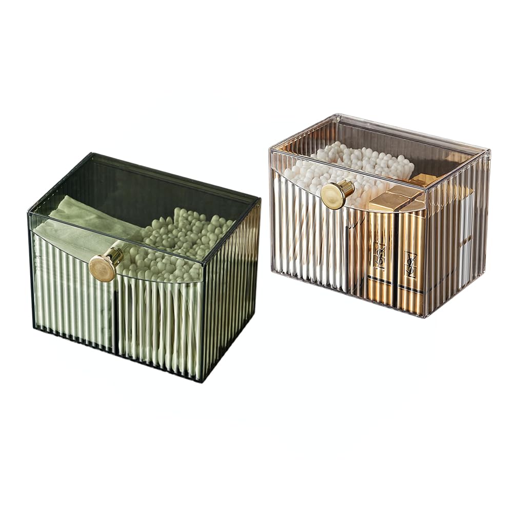 Clear Qtip Holder Dispenser for Cotton Ball and Swab Plastic with Lid Translucent Canister 2 compartment Bathroom Living Room Bedroom Vanity Makeup Organization (Green+Tranparent)