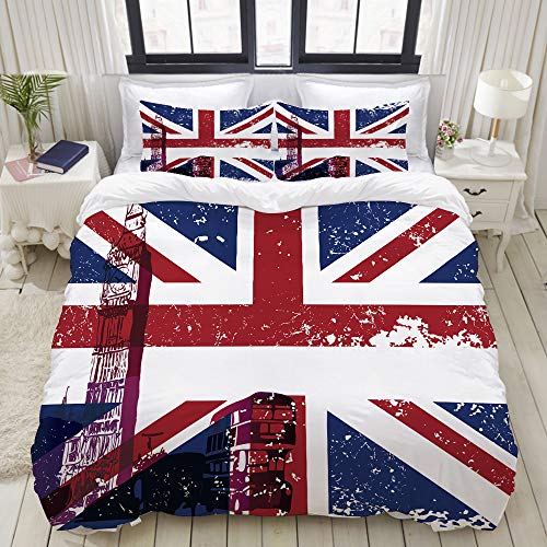 ZELXXXDA Parure de lit,Symboles de Londres Angleterre Le Royaume-Uni Cabine téléphonique Rouge Big Ben et Le Drapeau National Union Jack,1 Housse de Couette 220x240 + 2 Taies d'Oreillers