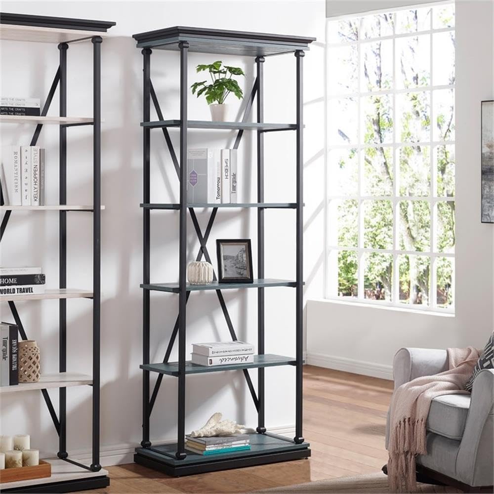 BOWERY HILL Industrial Metal Bookcase, 33-Inch, Antique Blue Finish, MDF Oak Veneer and Steel, 5 Shelf Open Back Design, X-Cross Brace, Versatile Storage for Bedroom, Living Room, Home Office