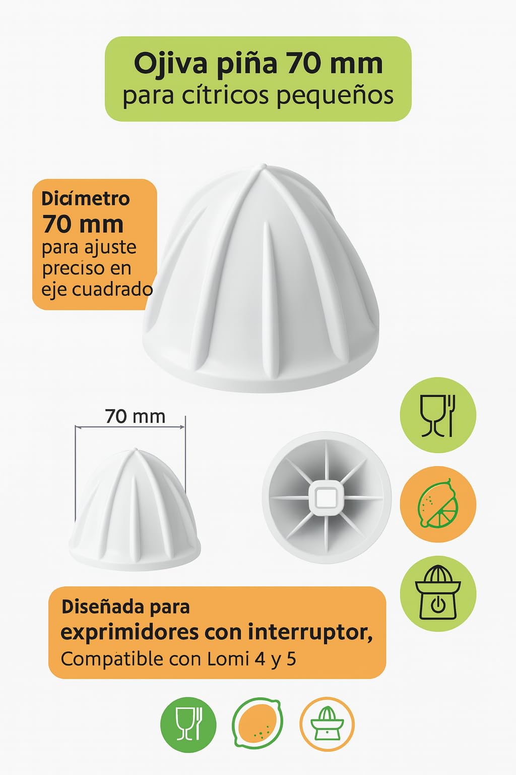 Ojiva Piña Pequeña para Exprimidor 70 mm Repuesto Original Cono Extractor Válido Modelos no Automáticos Fácil Montaje Plástico Alimentario Blanco Diámetro 70 mm Ref 202043 70mm
