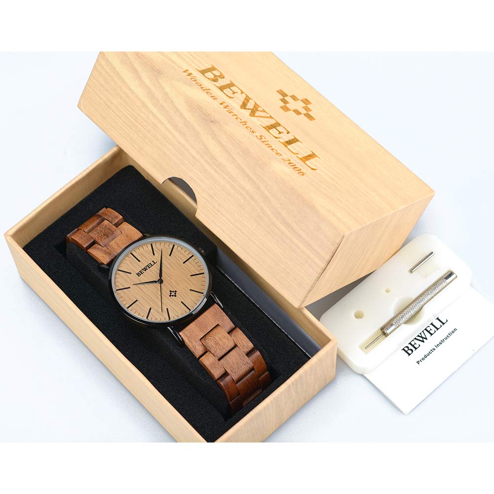 BEWELL, orologio da polso in legno per uomo/donna, sottile, analogico, al quarzo, minimalista, W163A Men-Brown