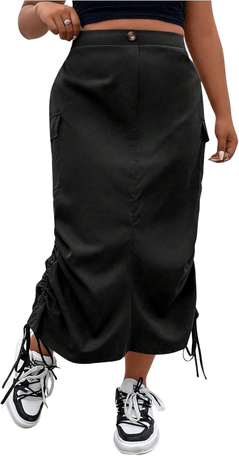 OYOANGLE Women's Plus Size Elastic High Waist Flap Pocket Drawstring Side Midi Cargo Skirts - Image 3