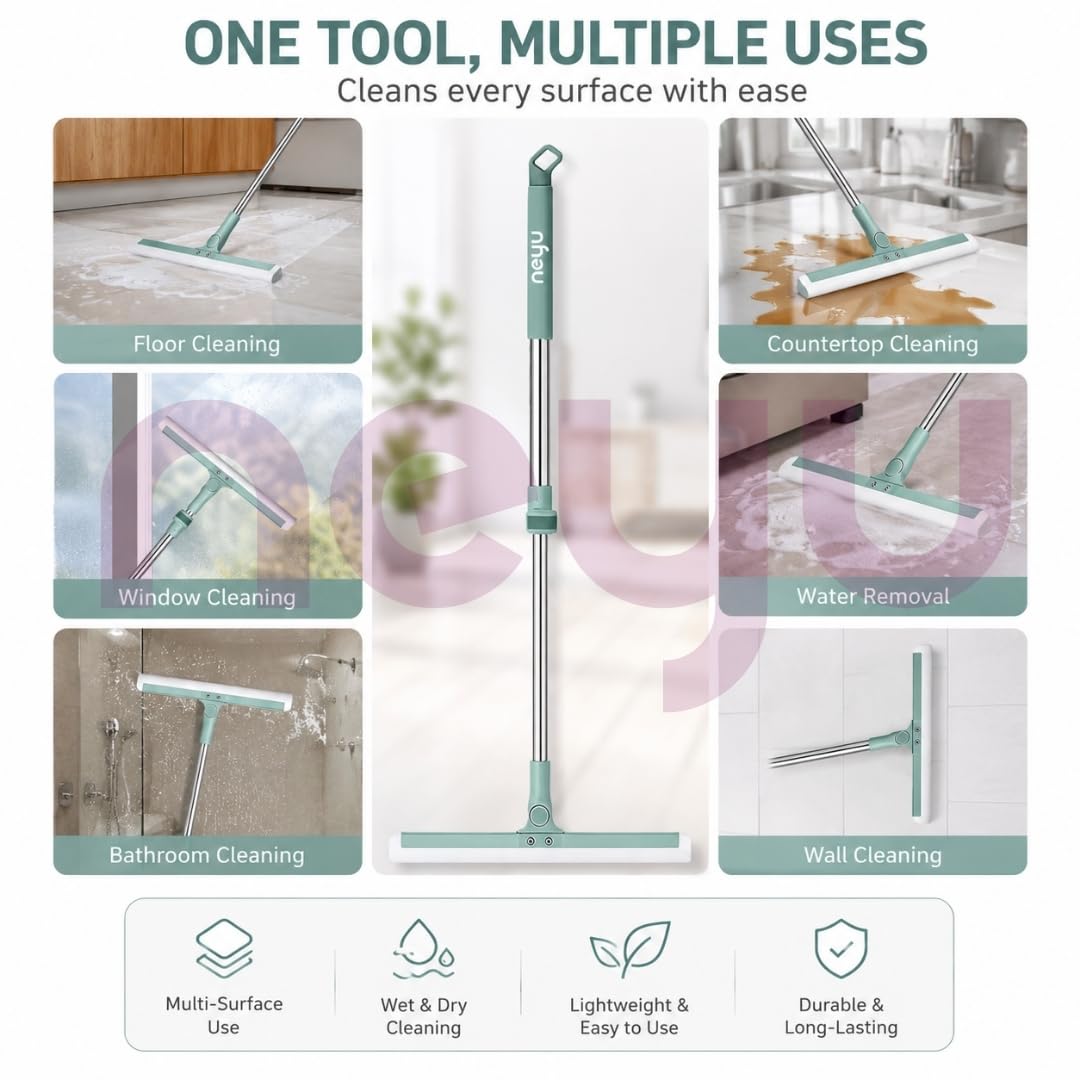 NEYU Heavy Duty Bathroom Wiper with 180-Degree Swivel Head | Multifunctional Magic Broom Floor Wiper | 50-Inch Rotating Floor Squeegee with Long Handle Adjustable (1 Piece) 1