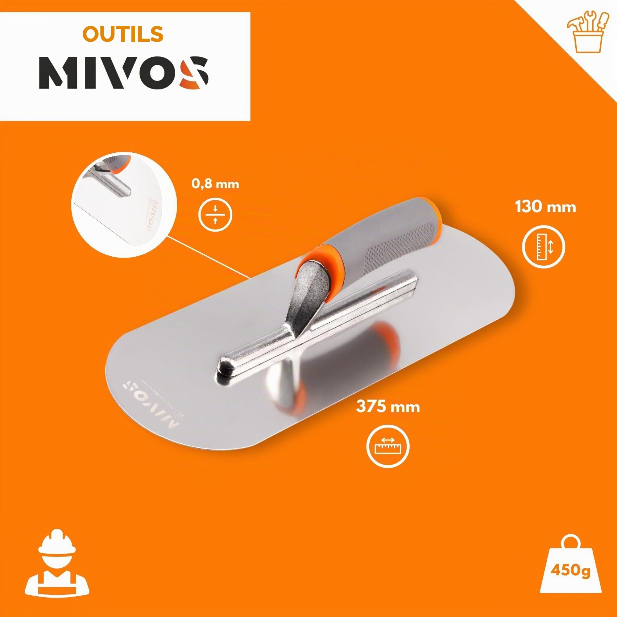 MIVOS Truelle En Acier Inoxydable 375 x 130 mm - demi-ronde - Truelle Avec Poignée Ergonomique - Platoir de Finition pour Travaux de Maçonnerie - Taloche de Lissage - MADE IN EU