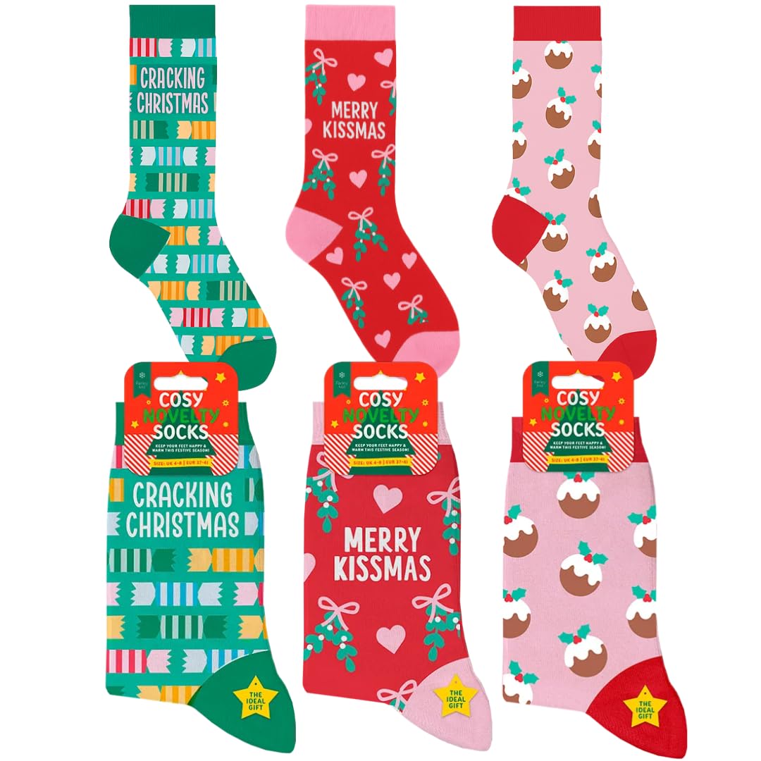 LND Gifts Ladies Christmas Socks Pack Of 3 Womens Christmas Stocking Fillers, Funny Socks, Xmas Presents For Him, Novelty Size 4-8 Joke Gifts For Women Ideal For Ladies Secret Santa Presents For Her
