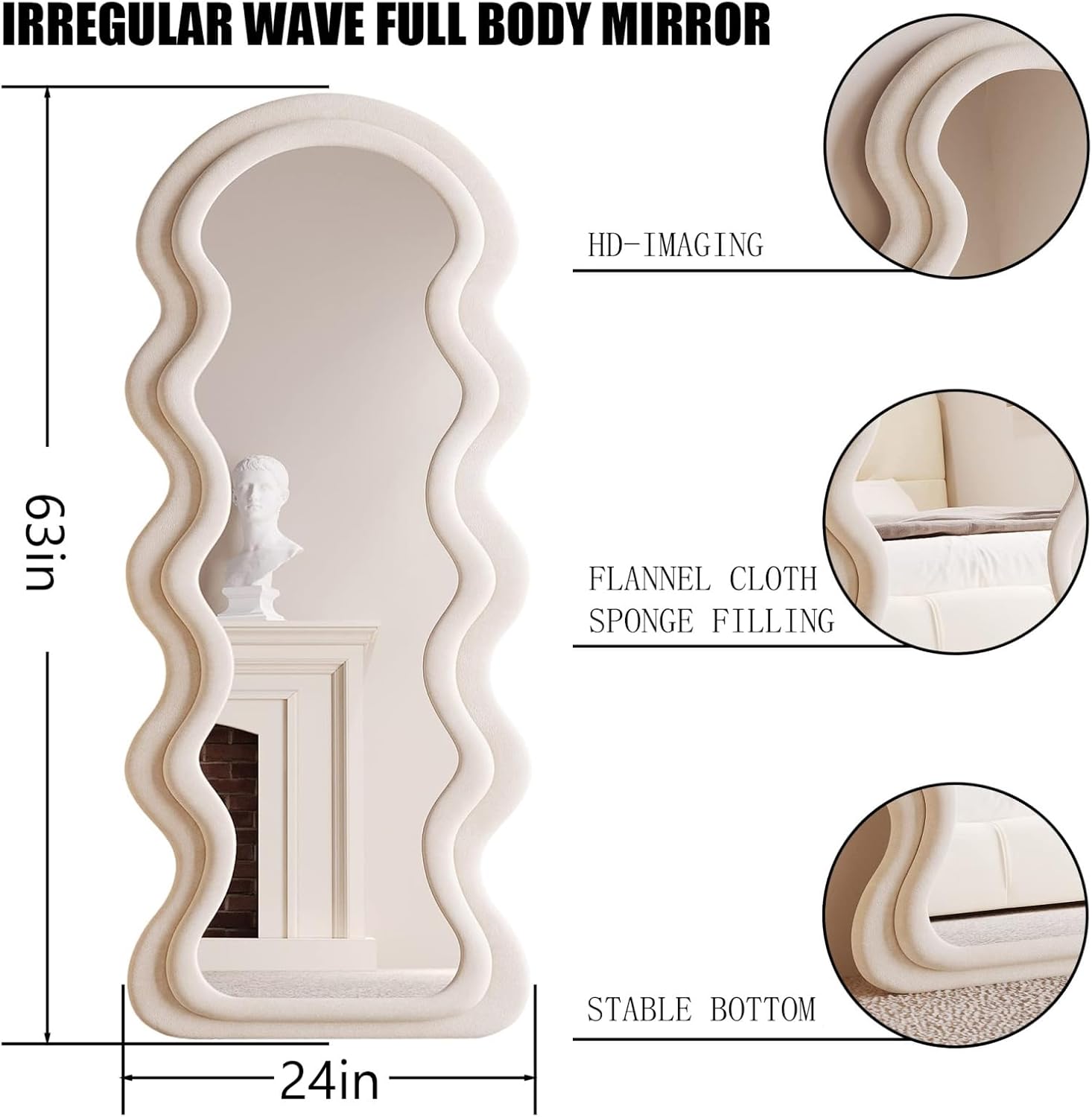 Full Length Mirror Floor Mirror 63"x24", Irregular Wall Mirror Wavy Full Body Mirror for Bedroom Living Room, Hanging or Leaning Against Wall, Beige