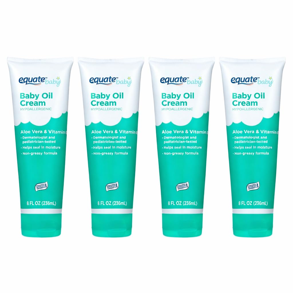 Equate Baby Hypoallergenic Baby Oil Cream with Aloe Vera & Vitamin E Non-Greasy Formula, 8 fl oz, 4 Tubes