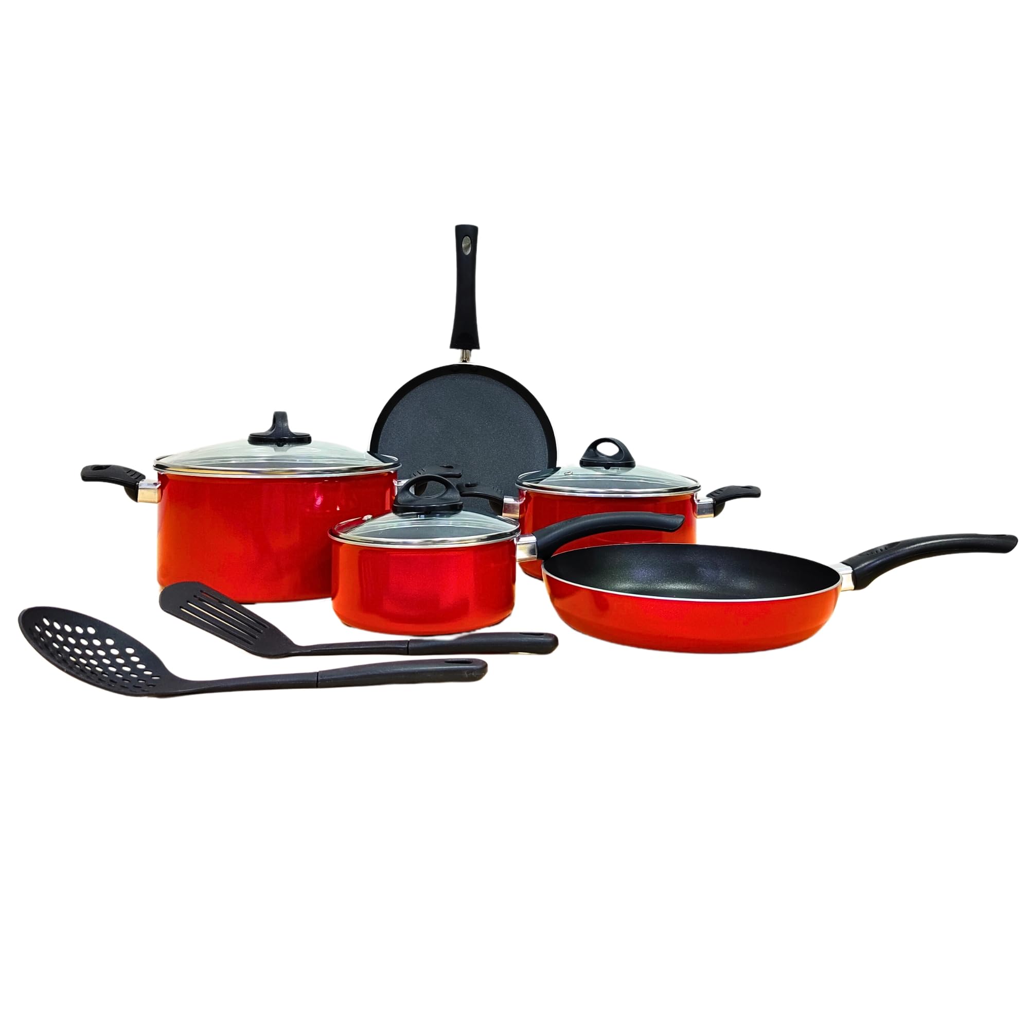 Premier 10PCS Non-Stick Cookware Set - Heat Resistant Handles - Dishwasher Safe - Stew Pan -24CM, Fry Pan -26CM, Nylon Spoon Laddle & Turner, Tawa-24CM, Sauce Pan -16CM, Stew Pan-20CM