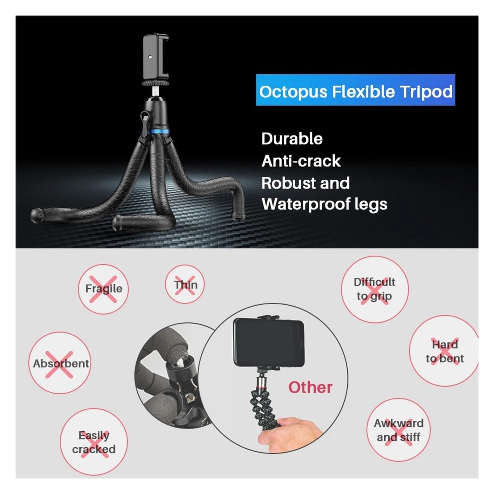 Clip porta telefono treppiede flessibile Octopus JJ10 | Girevole a 360 gradi, supporta smartphone, reflex, dispositivi con fotocamera DSLR(Tripod with remote)