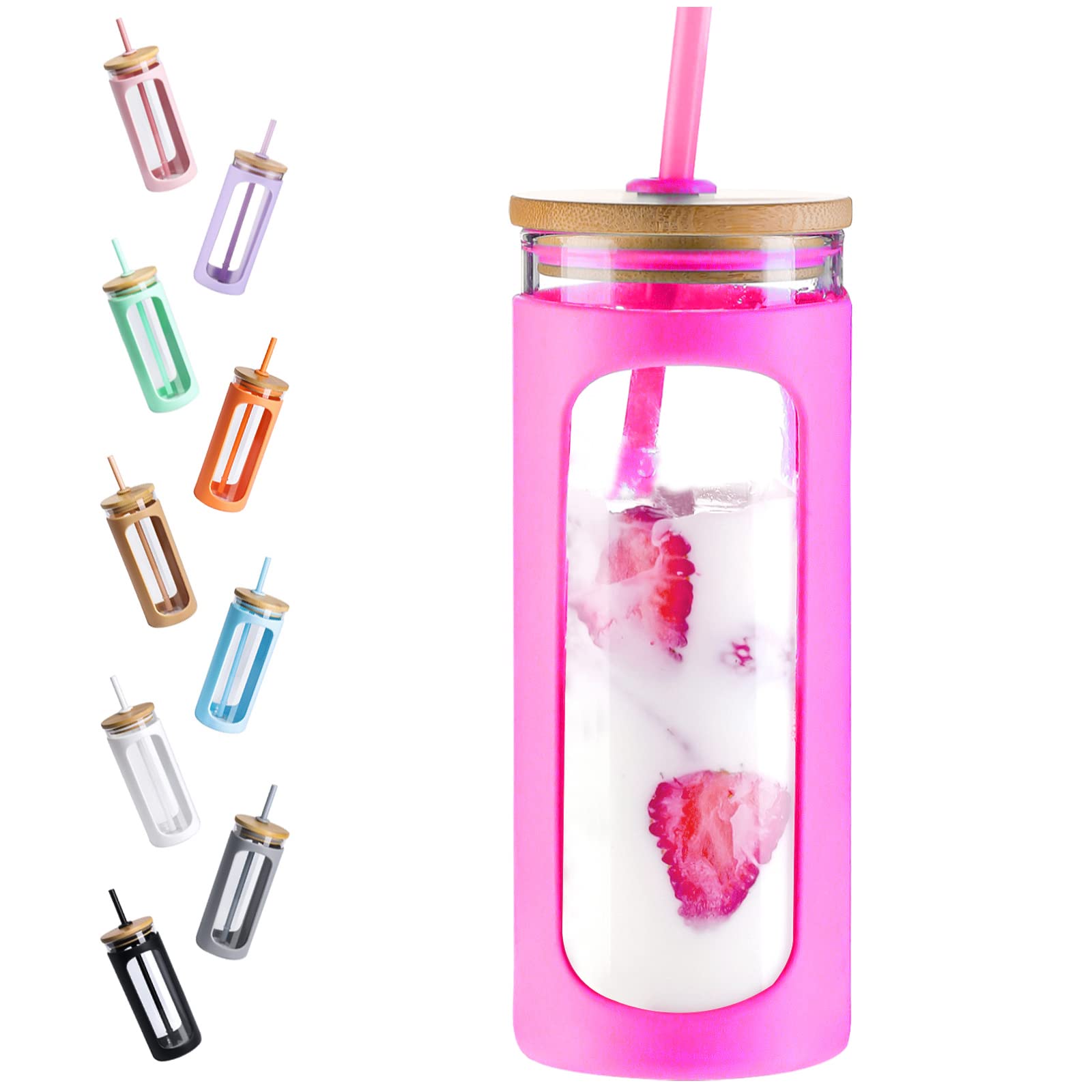 Photo 1 of Kodrine Glass Tumbler with Straw and Lid, 20oz Glass Coffee Tumbler with Bamboo Lid, Iced Coffee Cup Silicone Protective Sleeve BPA Free- Rose Rose 1 Count(Pack of 1)