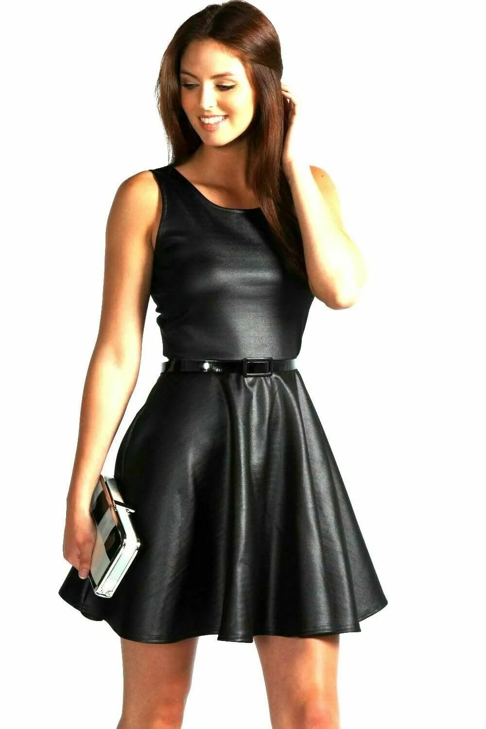 Skater Dress PVC Wet Look Plus Belted Flared Celebrity Sexy New Ladies (Black, 16-18)