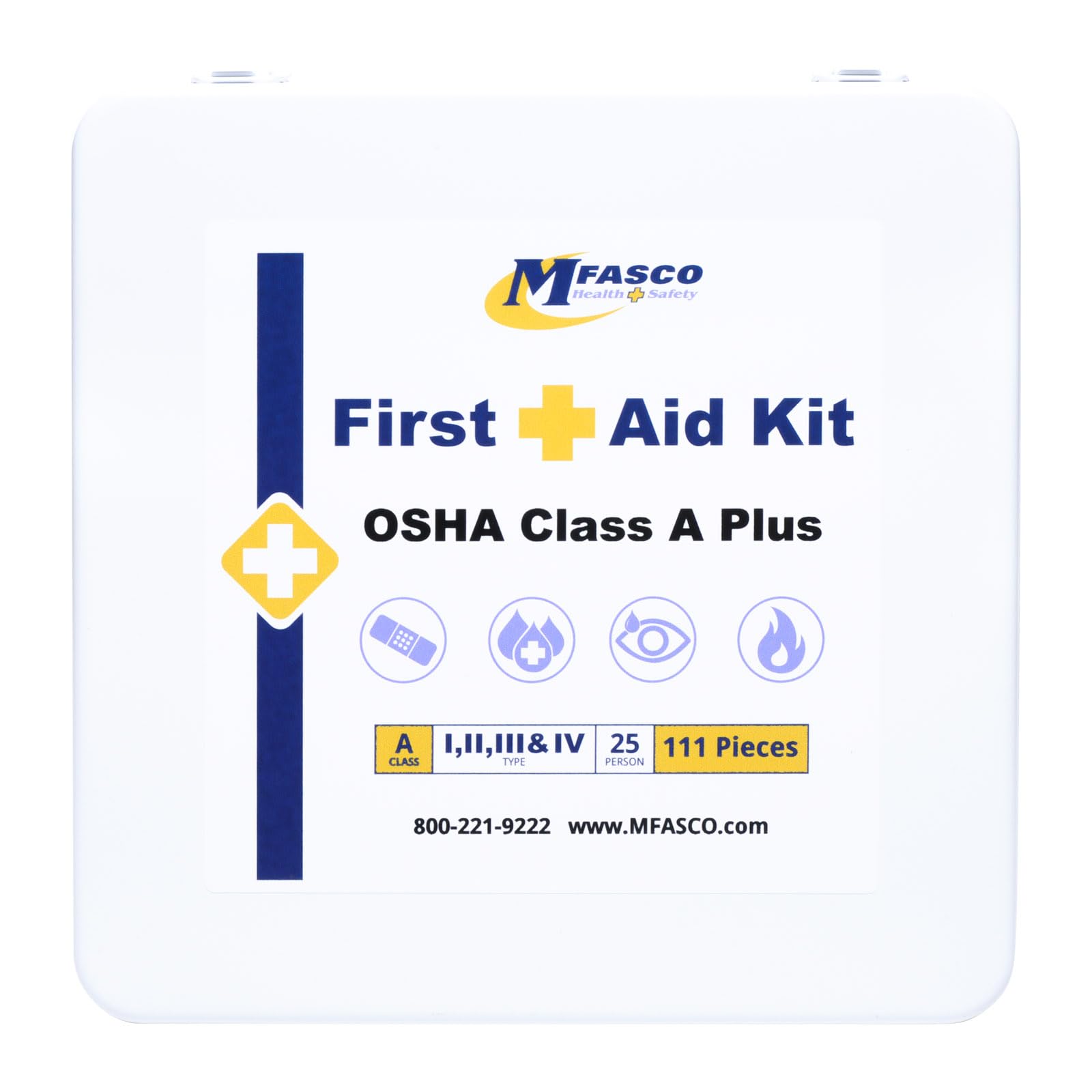 MFASCO OSHA Class A Plus First Aid Kit Metal Case - Wall-Mounted or Carried - Rubber Seal Gasket - ANSI & OSHA Type I, II, III & IV - Handles Cuts, Scrapes, Burns, CPR - Easy Refill - 25 Person