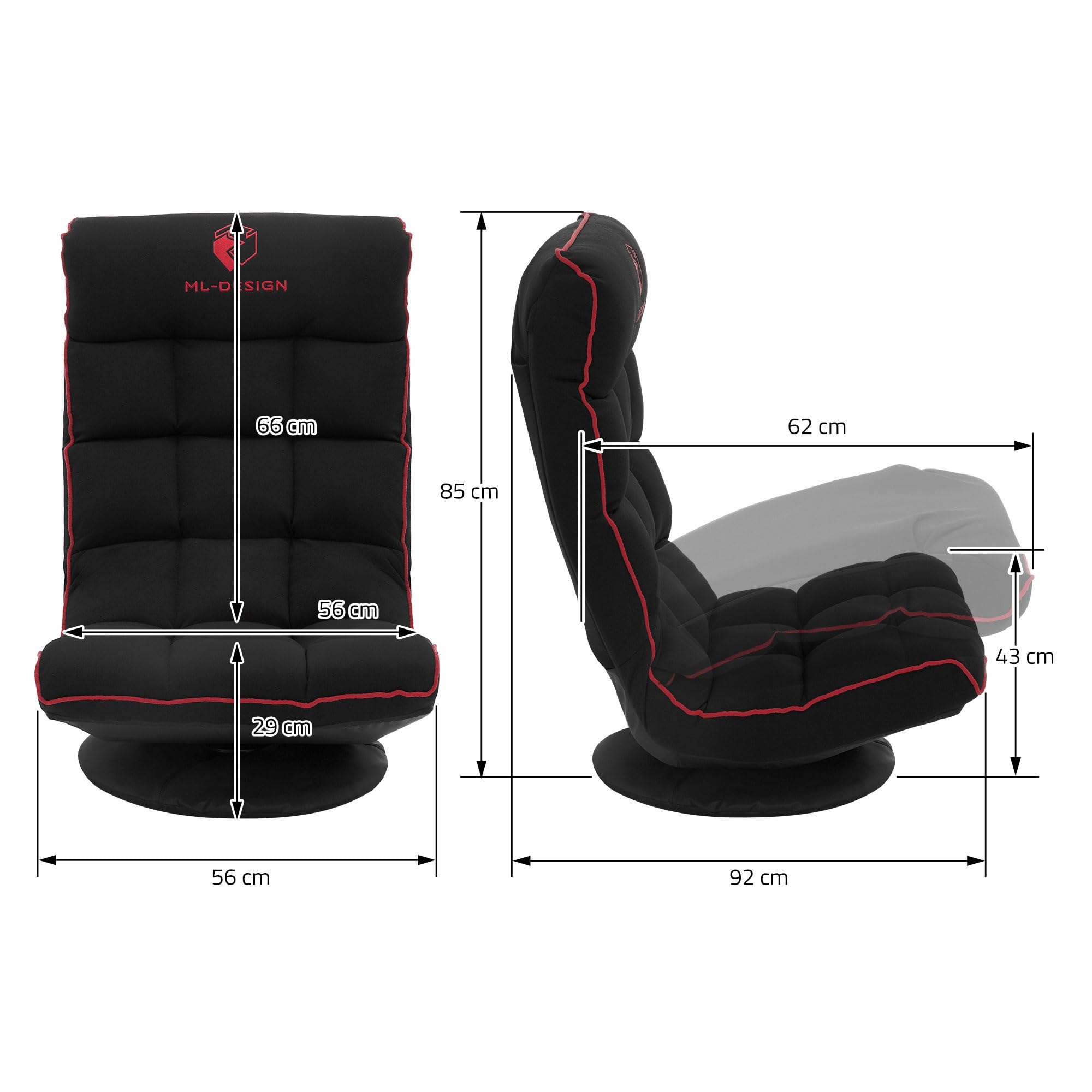 ML-Design Gaming Bodenstuhl Schwarz-Rot, Ergonomischer Gaming Sessel, 360° drehbar & verstellbar, Klappbarer Boden Gamer Stuhl mit Kopfstütze, Bodensessel gepolstert, Relax Bodensofa, Lounge Sessel