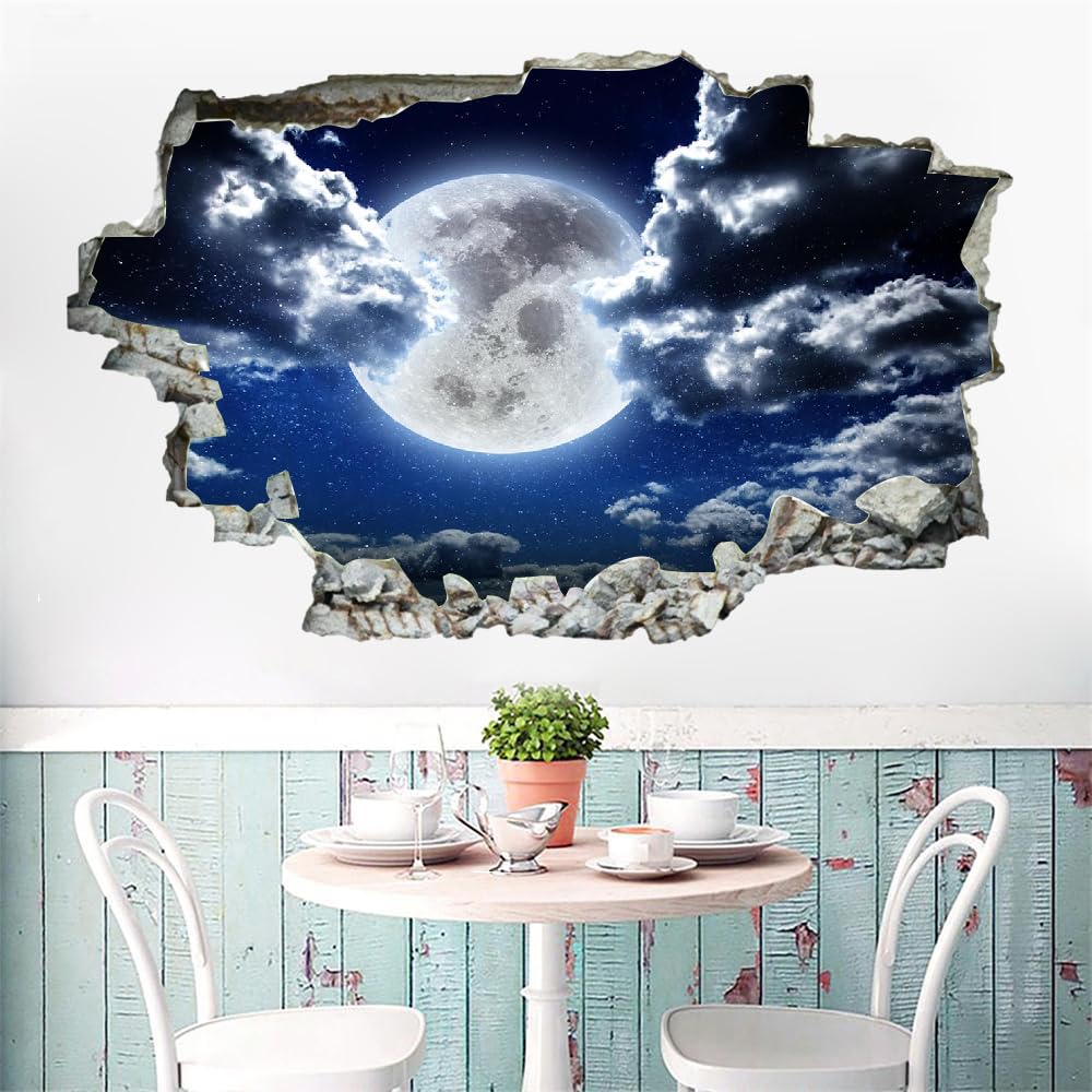 Pegatinas De Pared Murales Calcomanías, Luna Tatuaje De Pared 3D Roto, Paisaje Nocturno Vinilo De Pared Para Decoración De Arte Del Hogar, Decoración De Habitación De Niños 120x80cm