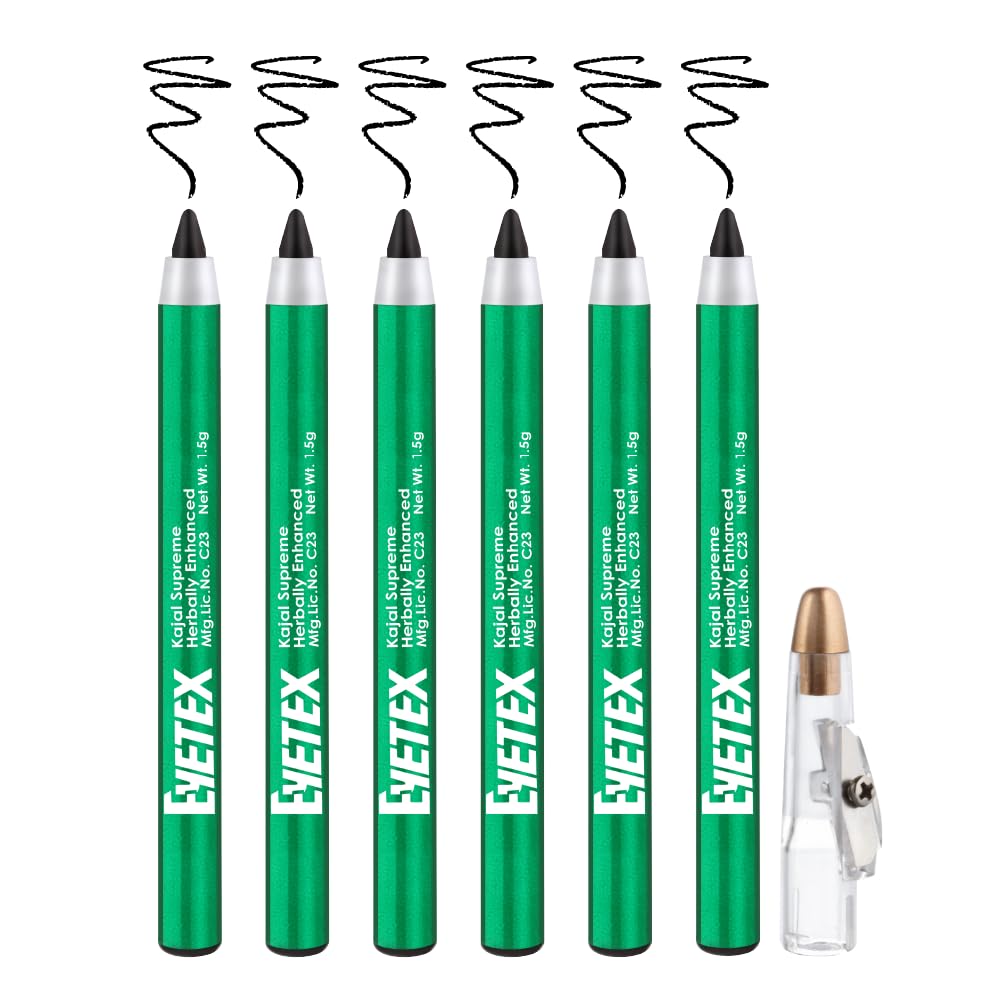 Eyetex Kajal Supreme Herbally Enhanced, 1.5g, Pack of 6, Whole Sale Pack, Deep Black Matte Finish, Smudge-Proof, Water-Resistant, Vegan, Extracts of Aloe & Carnauba, 6-hr stay, Built-In Sharpener.-image-8