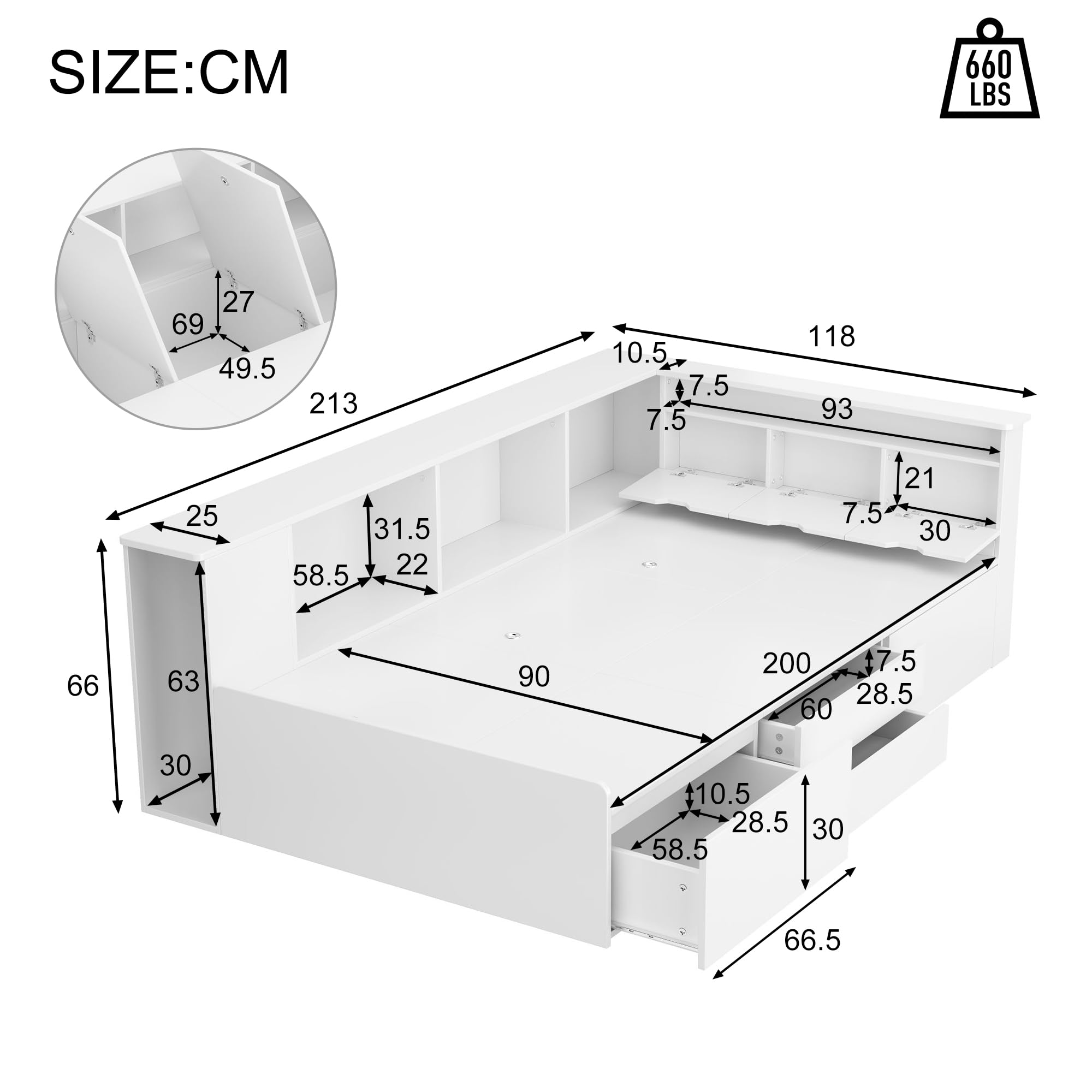 ZYLOYAL10 Kinderbed, eenpersoonsbed, multifunctioneel kinderbed met laden, boekenkast en opbergkast, bedlade met opbergruimte, zonder matras, 90 x 200 cm, wit