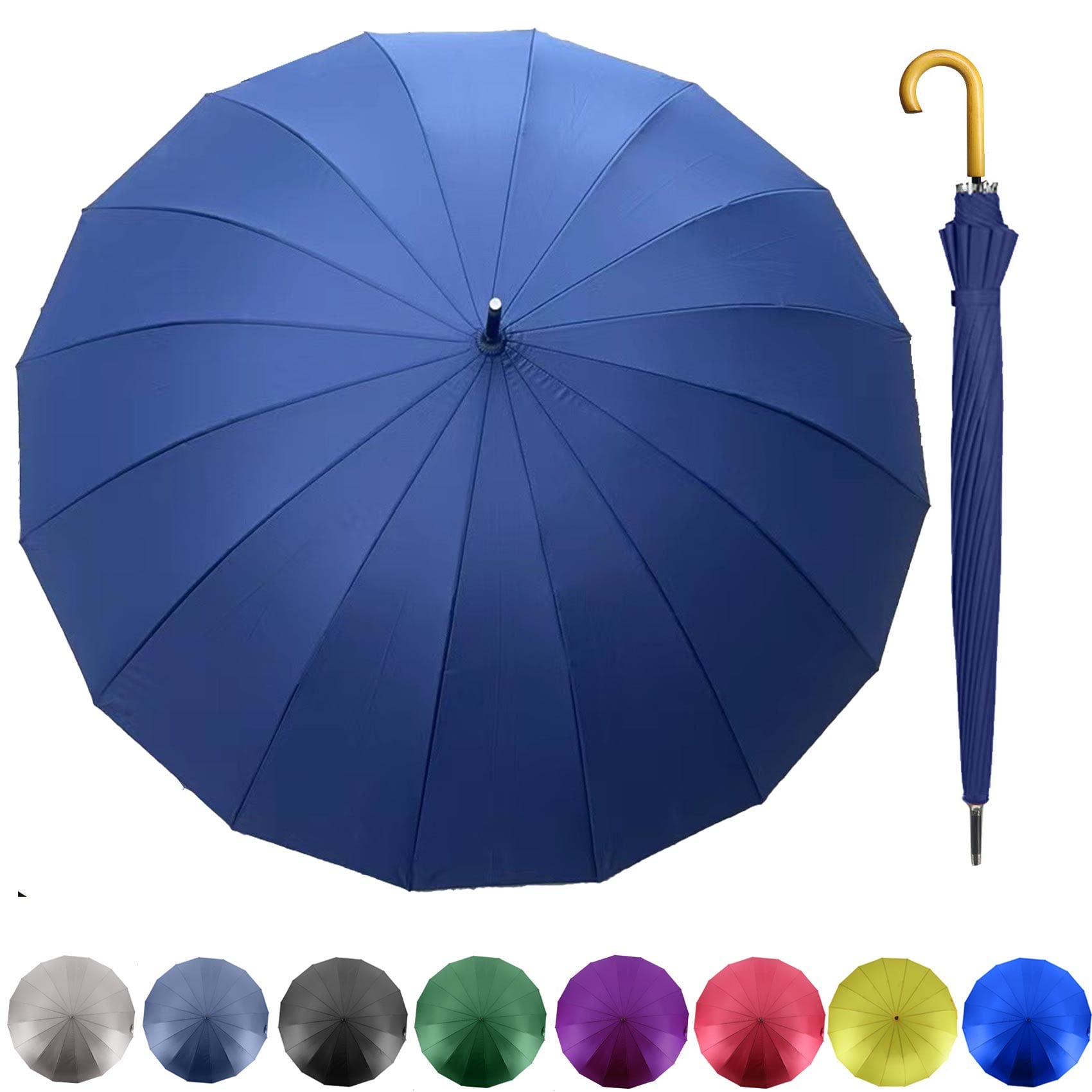 MRTLLOA52 Inch Windproof Large Umbrellas for Rain, 16 Ribs, J Wooden Handle, 210T High-density Fabric Golf Stick Umbrella