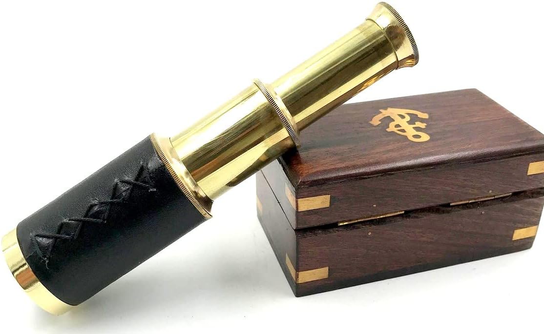 Black & Golden Size 6 Inch Approx. Antique Brass Telescope with Wooden Box Round Leather Watching Gifting Item