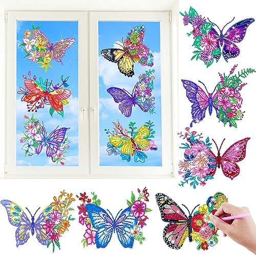 Qilery 12 Pcs Large Butterfly Diamond Painting Giant Butterfly Stained Glass Window Clings Painting Kits Stained Glass Diamond Painting Kit DIY Art Accessories for Adult Home Decor