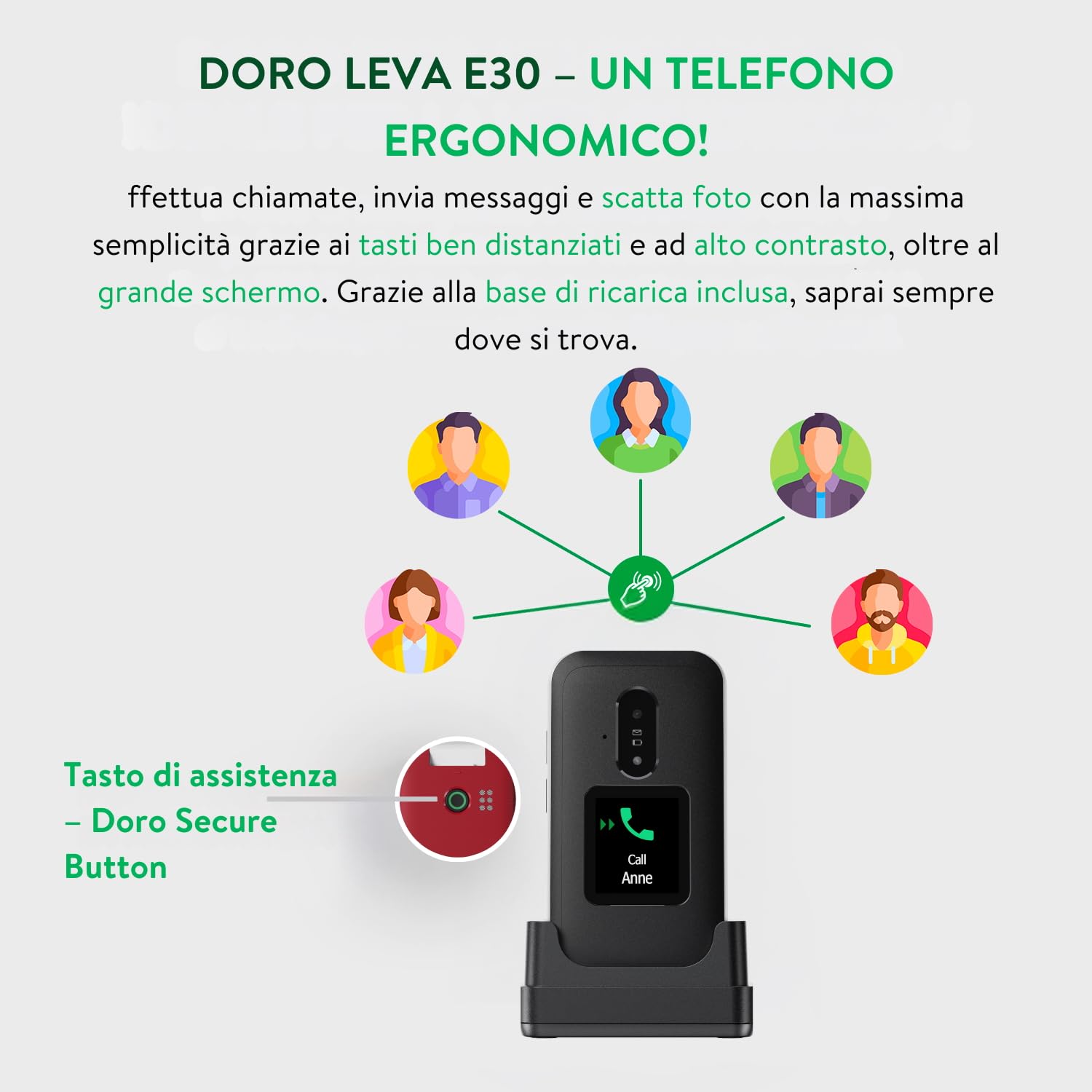 Doro Leva E30, Cellulare per Anziani 4G a Conchiglia, Display 2.8" + Schermo Esterno, Tasti Grandi, Audio Chiaro, Tasto SOS, Nero/Bianco