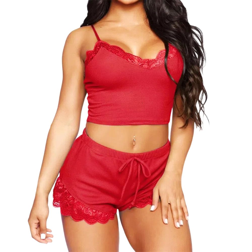 Ensemble Pyjama Sexy pour Femme avec Caraco et Short en Dentelle 2 pièces - Col en V Doux - Vêtements de Nuit - Détente d'été - Haut Caraco réglable - Vêtement de Nuit élastique pour la Maison -