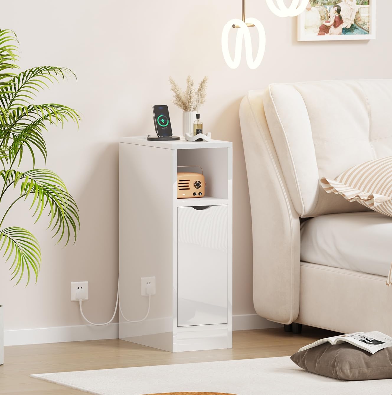 Pantanal 20CM Slim Bedside Table Cabinet with Charging Station, Modern Narrow Bed Side Table End Table Small Nightstand Wood with 2 USB Ports & Power Sockets for Bedroom Living Room โ image 1