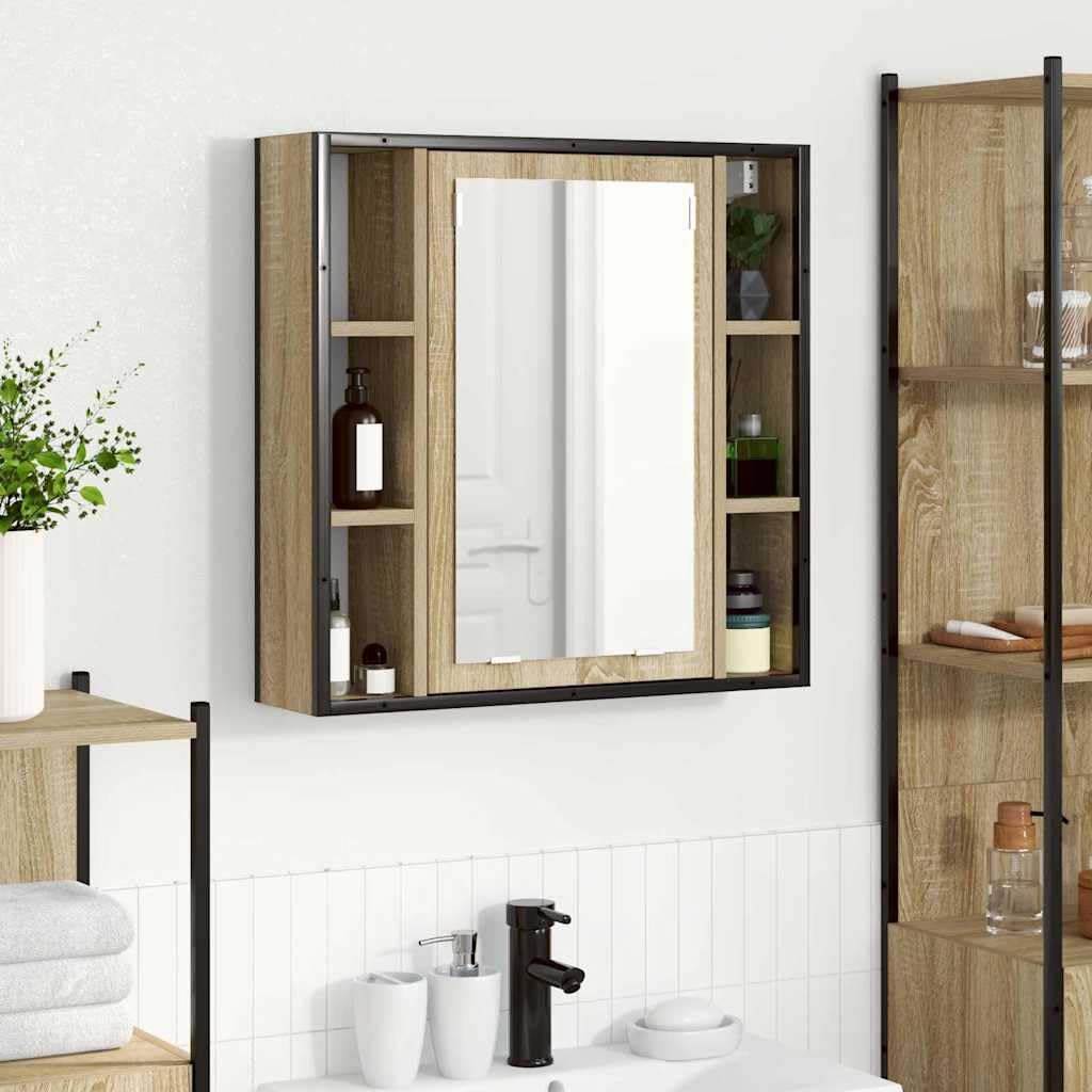 Armario con espejo de roble Sonoma, 60 x 16 x 60 cm, material de madera con espejo plano y 5 estantes, montaje en pared, espacio de almacenamiento para baño, lavadero, aseo de invitados