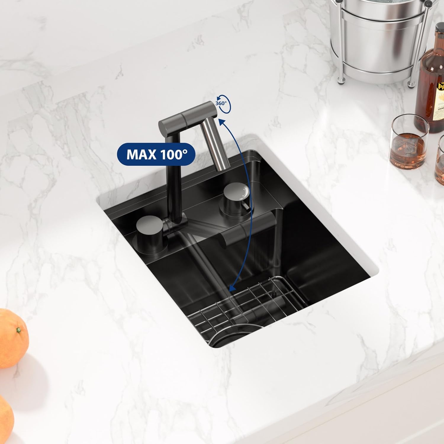 Sarlai Black Undermount Bar Sink With Foldable Faucet - 13x15 Inch Outdoor Black Kitchen Sink RV Workstation 16 Gauge Stainless Steel Single Bowl Handmade Outdoor BBQ Sinks with Lid