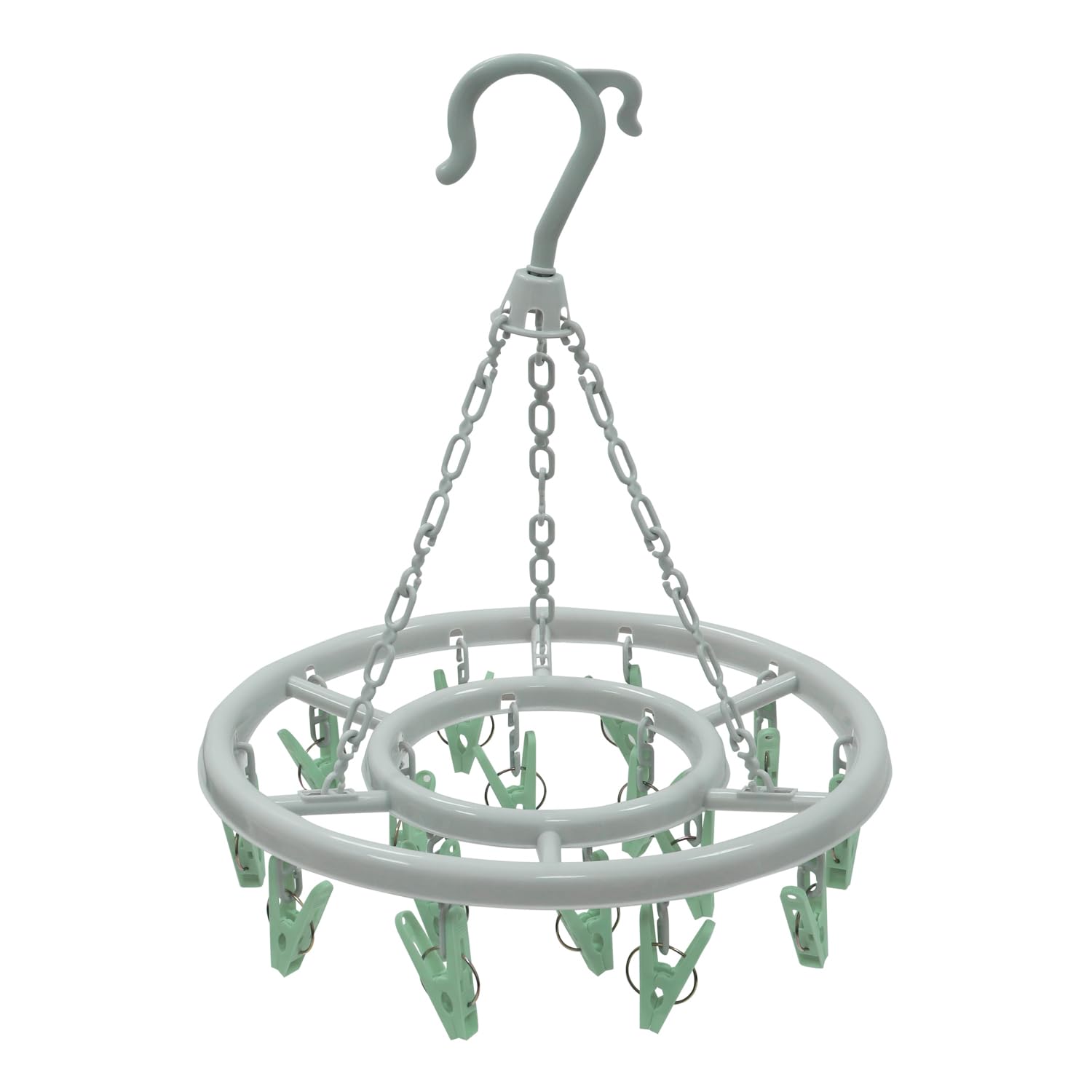 JVL Round Sock Dryer with 16 Pegs – Hanging Laundry Drying Rack – Light Grey Frame with Green Clips – Indoor & Outdoor Airer