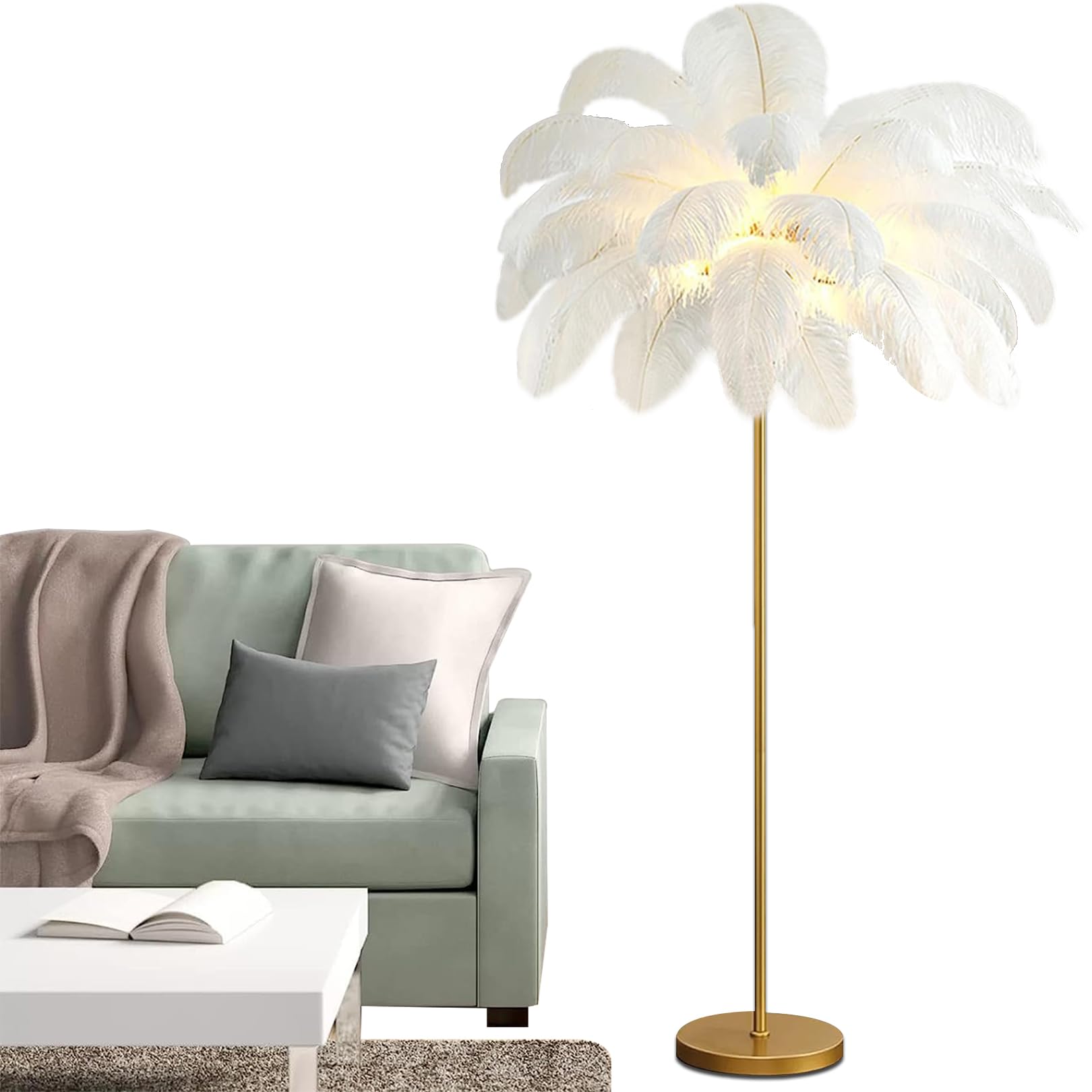 Lampadaire en plumes d'autruche naturelles et pied doré élégant pour salon