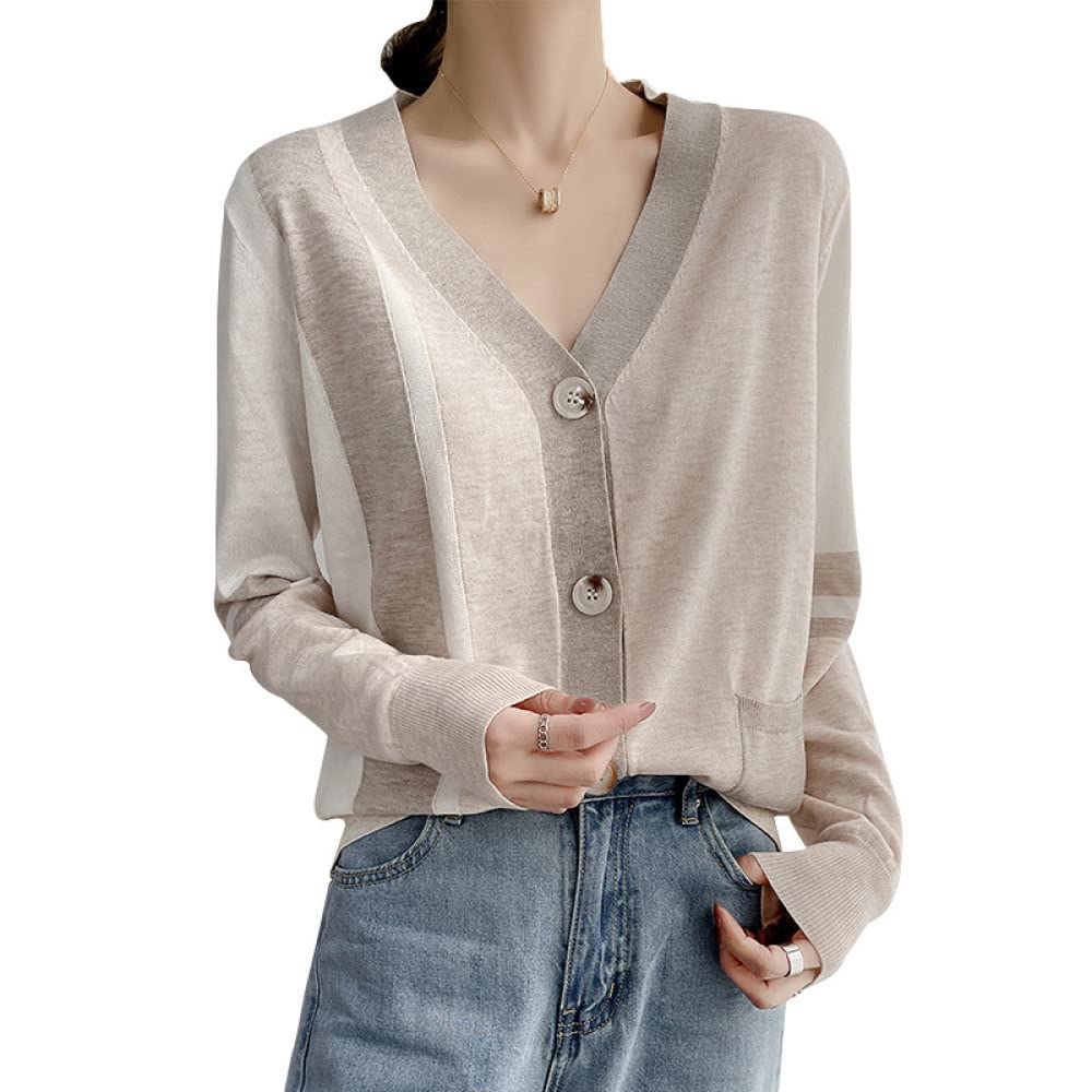 EIBA Chaqueta De Punto Mujer,Cárdigans De Punto para Mujer Moda Marrón Claro Color De Contraste Botón con Cuello En V Manga Larga Suéteres Delanteros Abiertos Cárdigan Otoño Elegante Chaqueta De AB