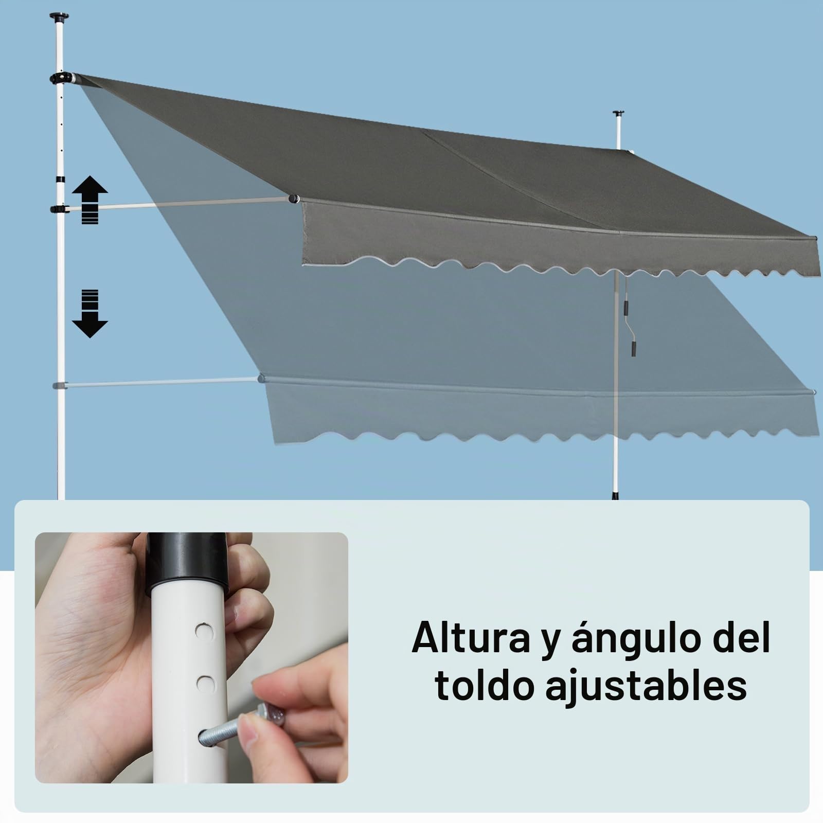 HOMASIS Toldo de Pinza protección Solar Regulable en Altura, sin taladrar, toldo de balcón con manivela, protección UV, toldo de Brazo Invisible para balcón, terraza (Gris, 4m)