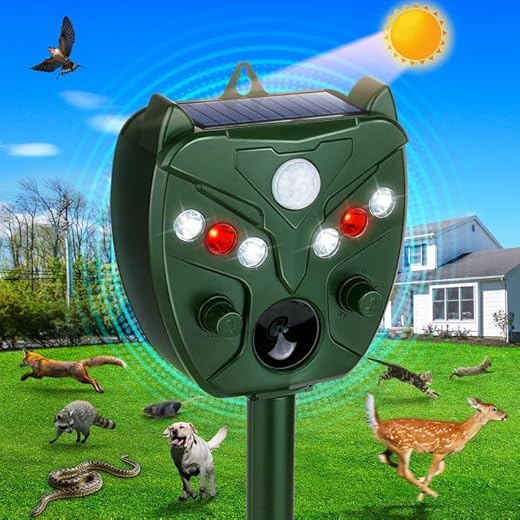 WOLFWILL Ahuyentadores de Gatos, IP55 Impermeable Repelente de Gatos Exterior, Sensor Rip, luz Intermitente roja y Blanca, Ajuste de la frecuencia ultrasónica 5 Modos