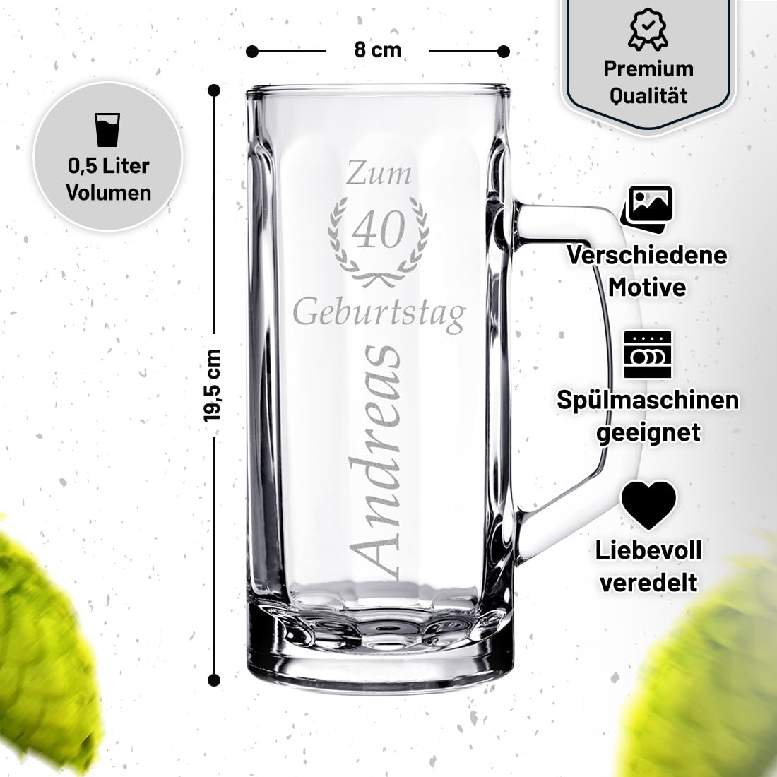Bierkrug Personalisiert mit Gravur eines Namens und Jahreszahl im Ährenkranz – Bierseidel Geschenk-Idee zum Geburtstag - Motiv zum Geburtstag 0,5l