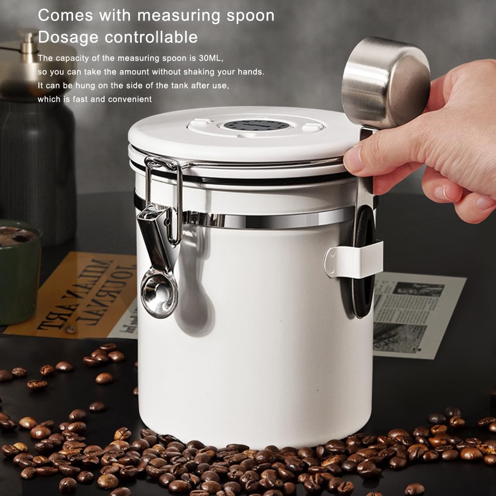 Vakuum-Kaffeebohnen, 1,2 l, luftdichter Behälter mit Datums-Tracker, Tee, großes Fassungsvermögen, für Büro, Lebensmittel, weiß/Stahllöffel, 1200 ml, 2 Stück