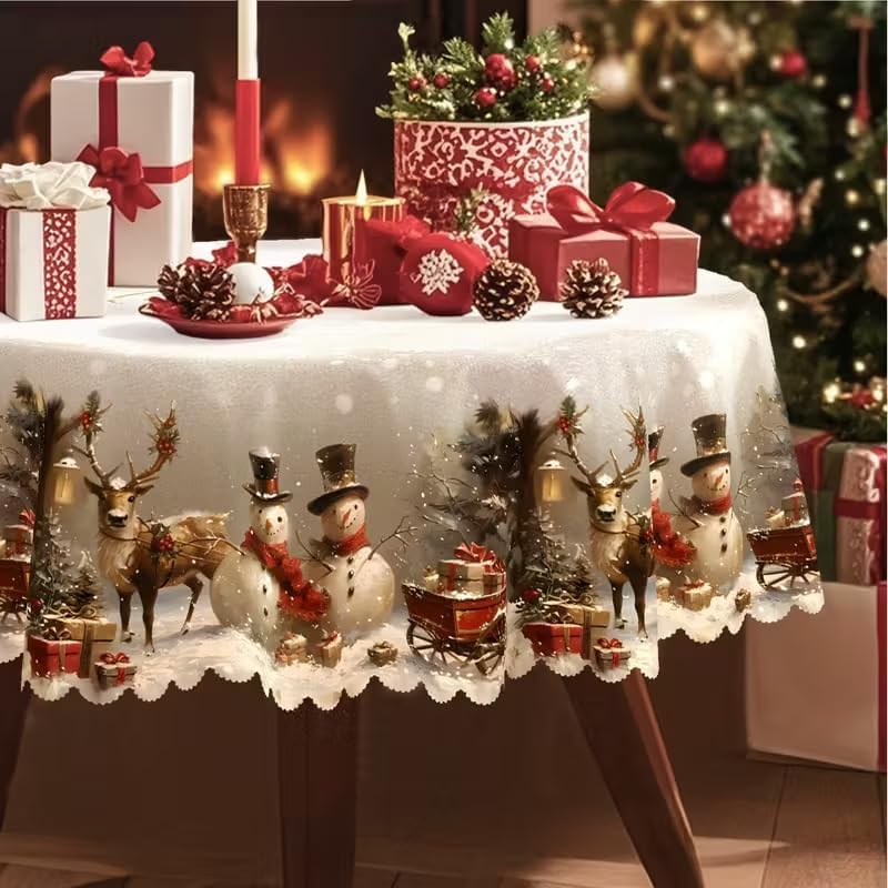 Red Snow Deer Snowman Repeat Merry Christmas Tablecloth