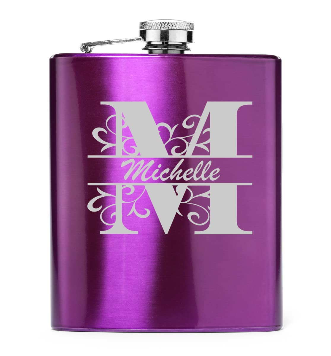 Engraved 7oz Color Stainless Steel Hip Flask Custom Personalized Fancy Letter (Gloss Purple)