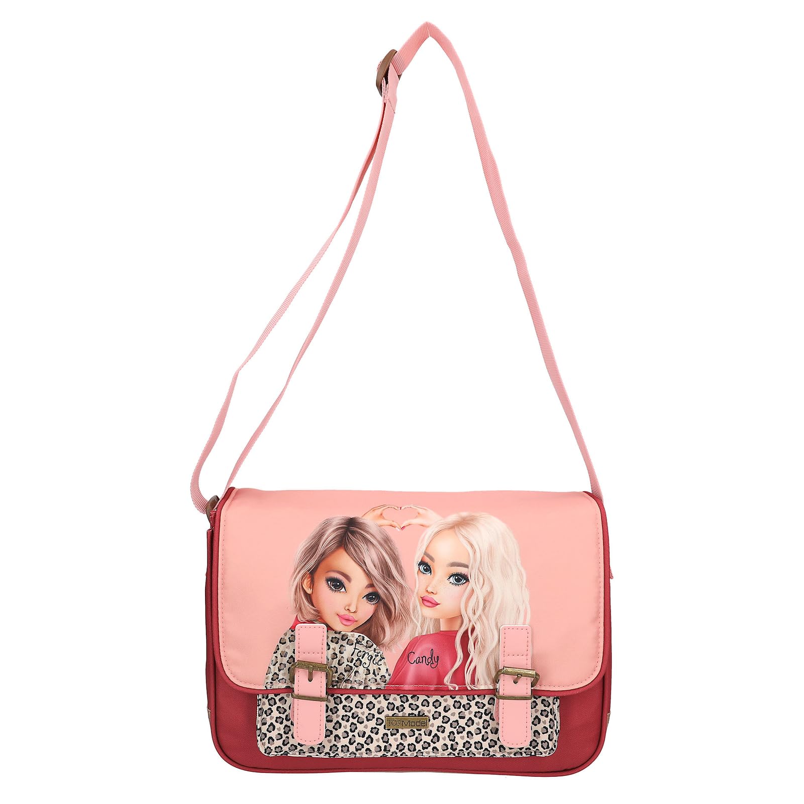 Depesche 13644 TOPModel Leoheart - Umhängetasche in Rosa und Rot, mit Model Motiv und Leo-Muster, Handtasche mit längenverstellbarem Tragegurt