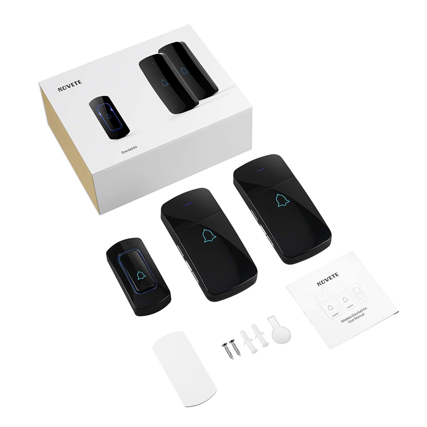 Sonnette sans Fil, NOVETE Carillon de Porte sans Fil à 400 mètres de portée avec 1 Bouton-émetteur & 2 récepteurs, Kit de Carillon de Porte étanche avec Voyant LED, 52 mélodies & 5 Niveaux de Volume