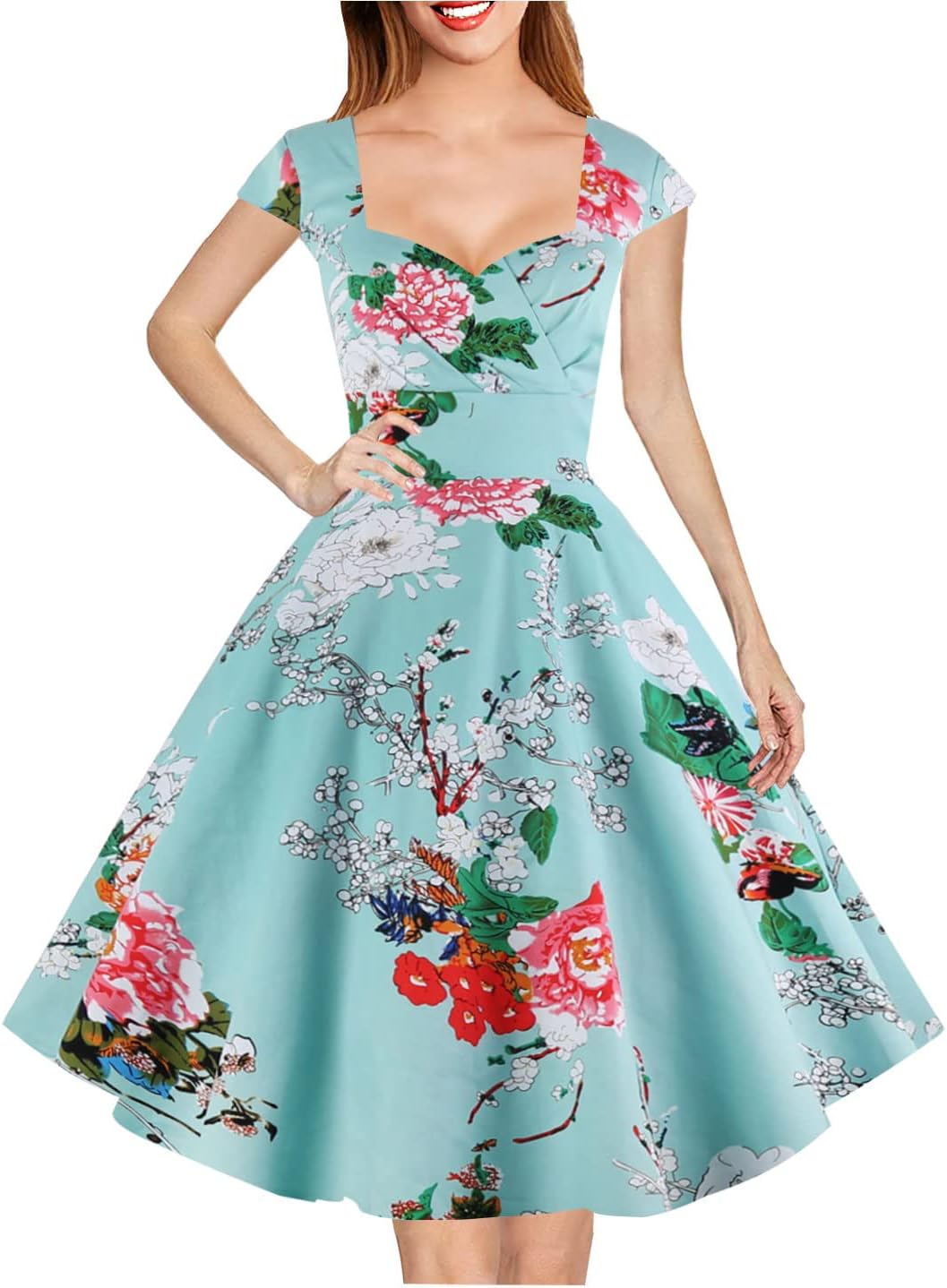 Hanpceirs Women's Cap Sleeve 1950s Retro Vintage Cocktail Swing Dresses with Pocket