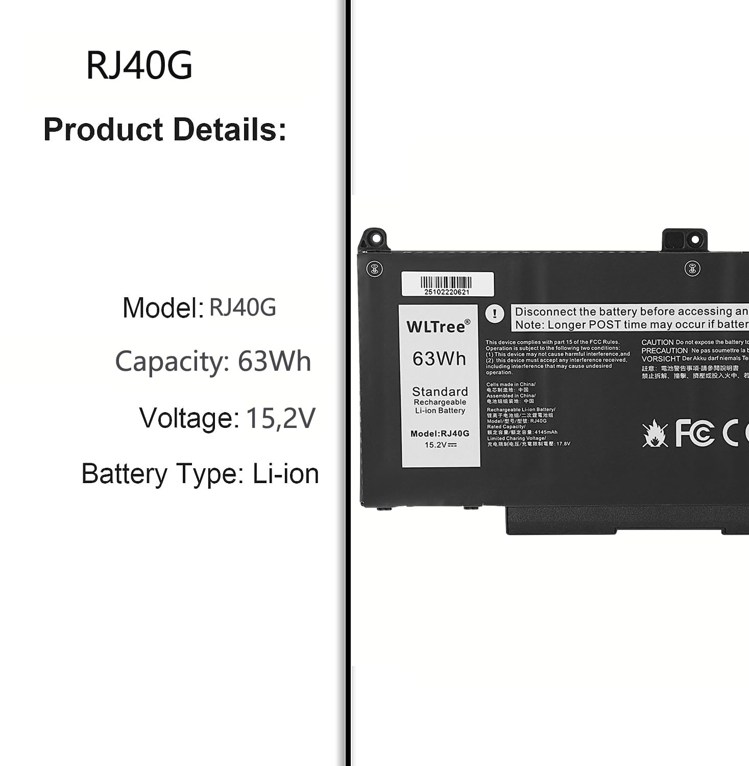 63Wh RJ40G Batteria per Dell Latitude 14 5420 Latitude 15 5520 Precision 15 3560 Mobile Workstation Series P137G P137G001 P104F 075X16 01K2CF WY9DX 005R42 0WK3F1 0M3KCN Battery 15,2V