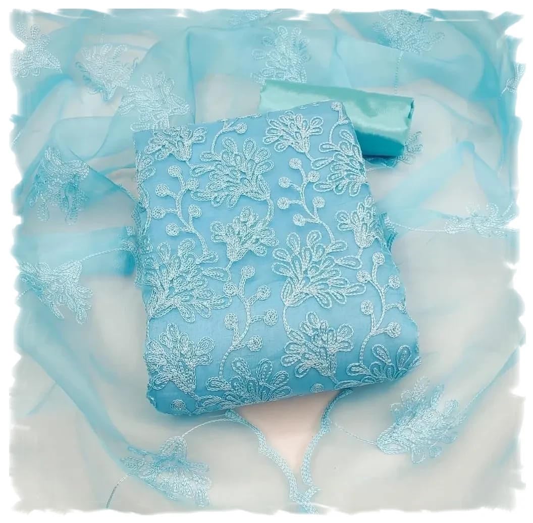 Women's Organza Embroidered Unstitched Salwar Suit Dress Material With Embroidery Work Dupatta (DM Plant Sky Blue_Sky Blue_Free Size)